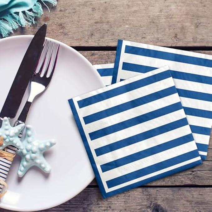 100 PCS BLUE AND WHITE STRIPED NAPKINS, NAVY BLUE AND WHITE COCKTAIL BEVERAGE PAPER NAPKIN LUNCH NAPKIN FOR BOY MEN BIRTHDAY BRIDAL BABY SHOWER WEDDING - Image 5